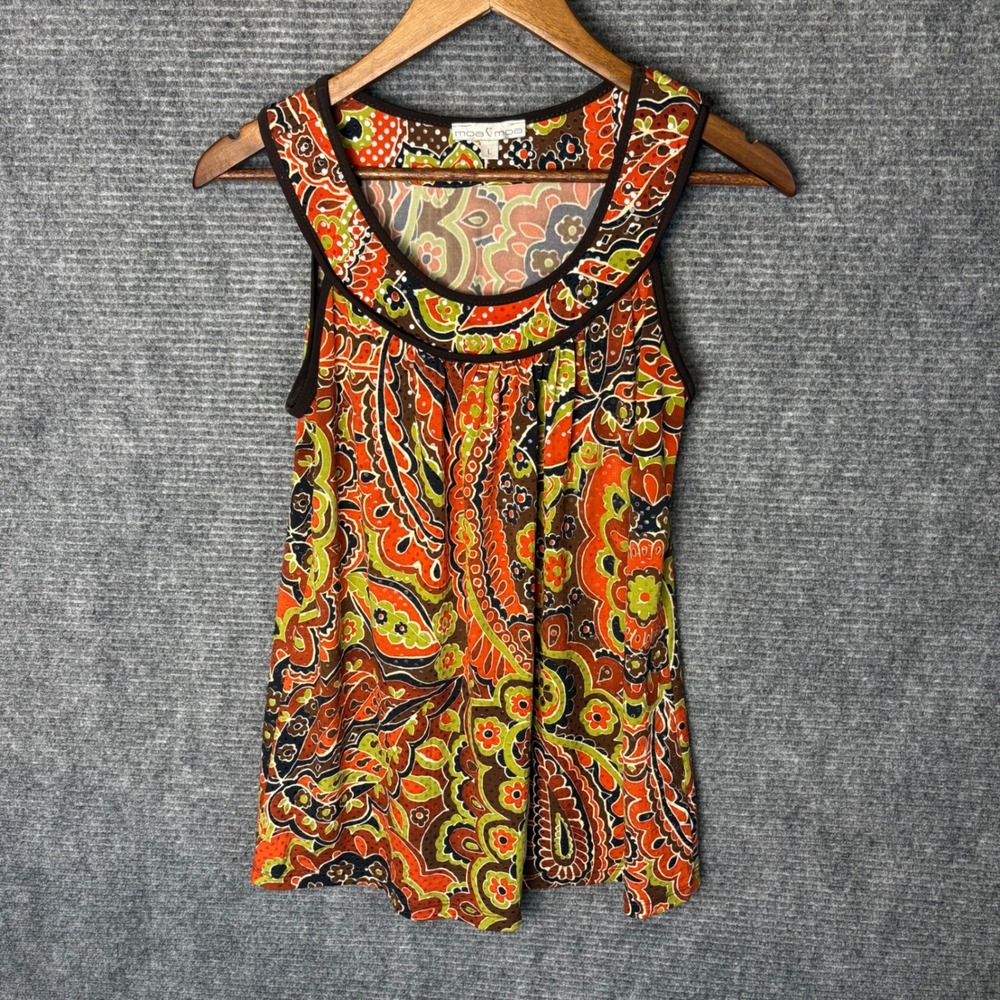 Moa Moa Paisley Top Womens Large Orange Brown Green Boho Y2K Sleeveless Tunic